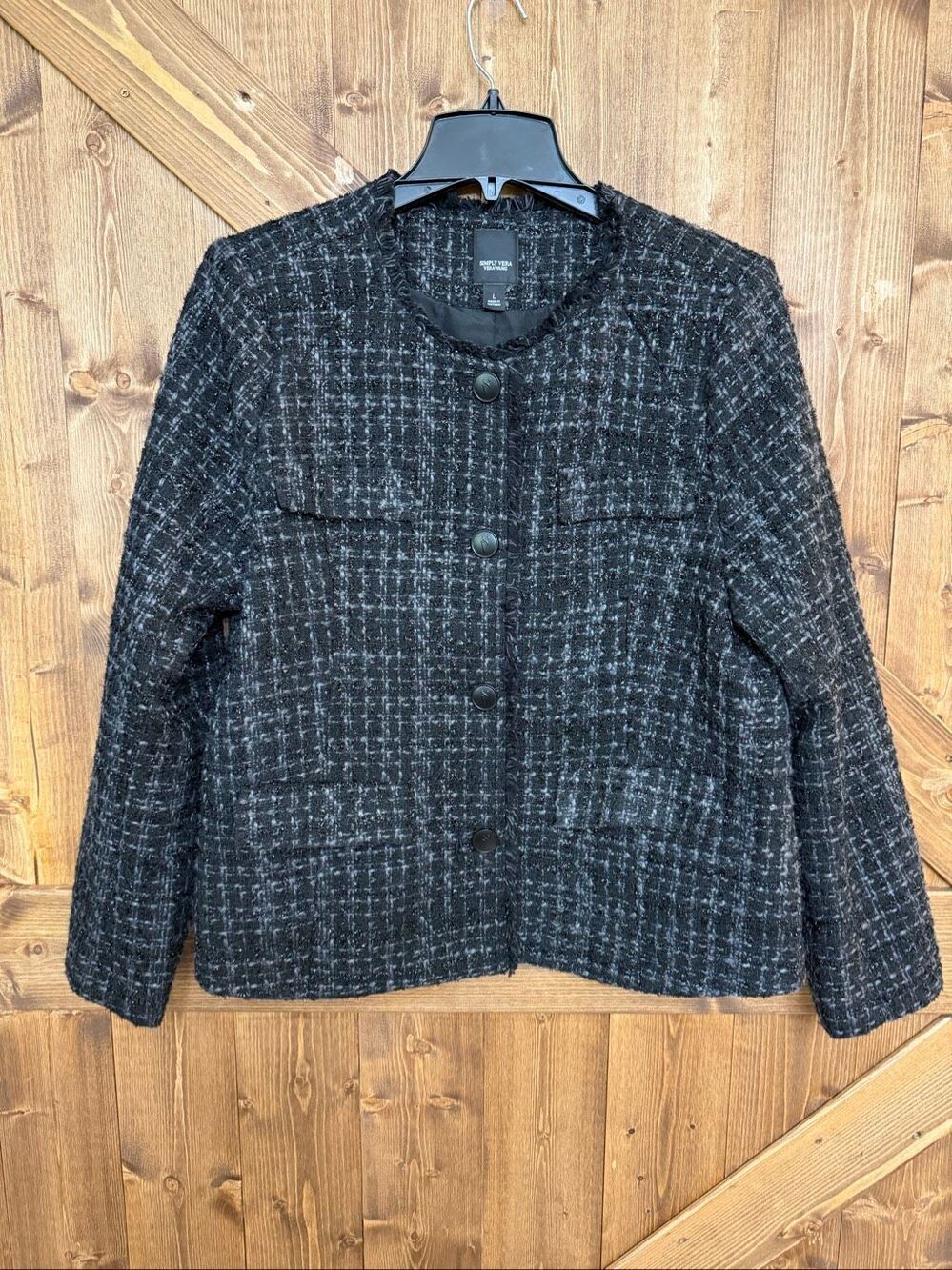 Simply Vera Vera Wang Women’s Size L Black Tweed Button Front Jacket Blazer (911